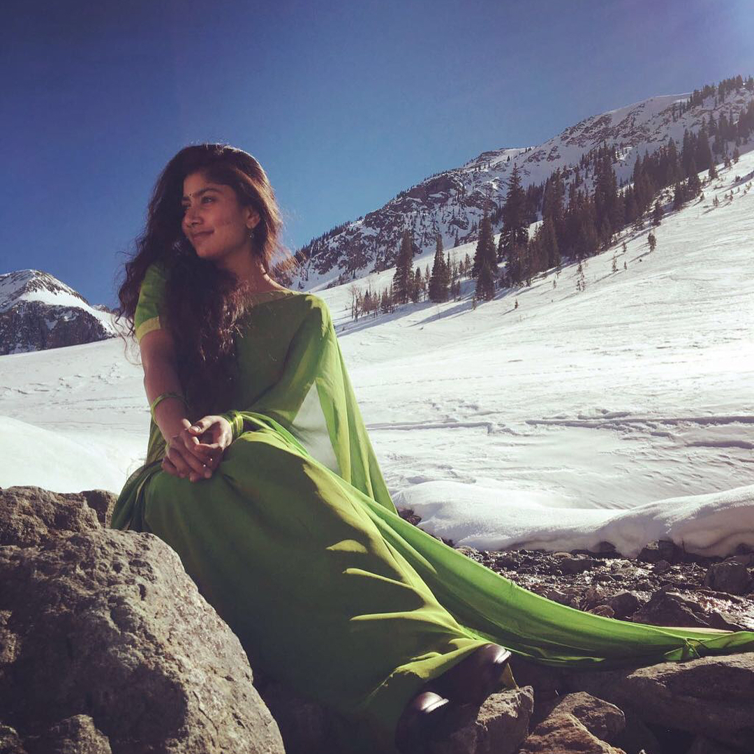 Sai Pallavi Enjoying in Green Saree in Mountains