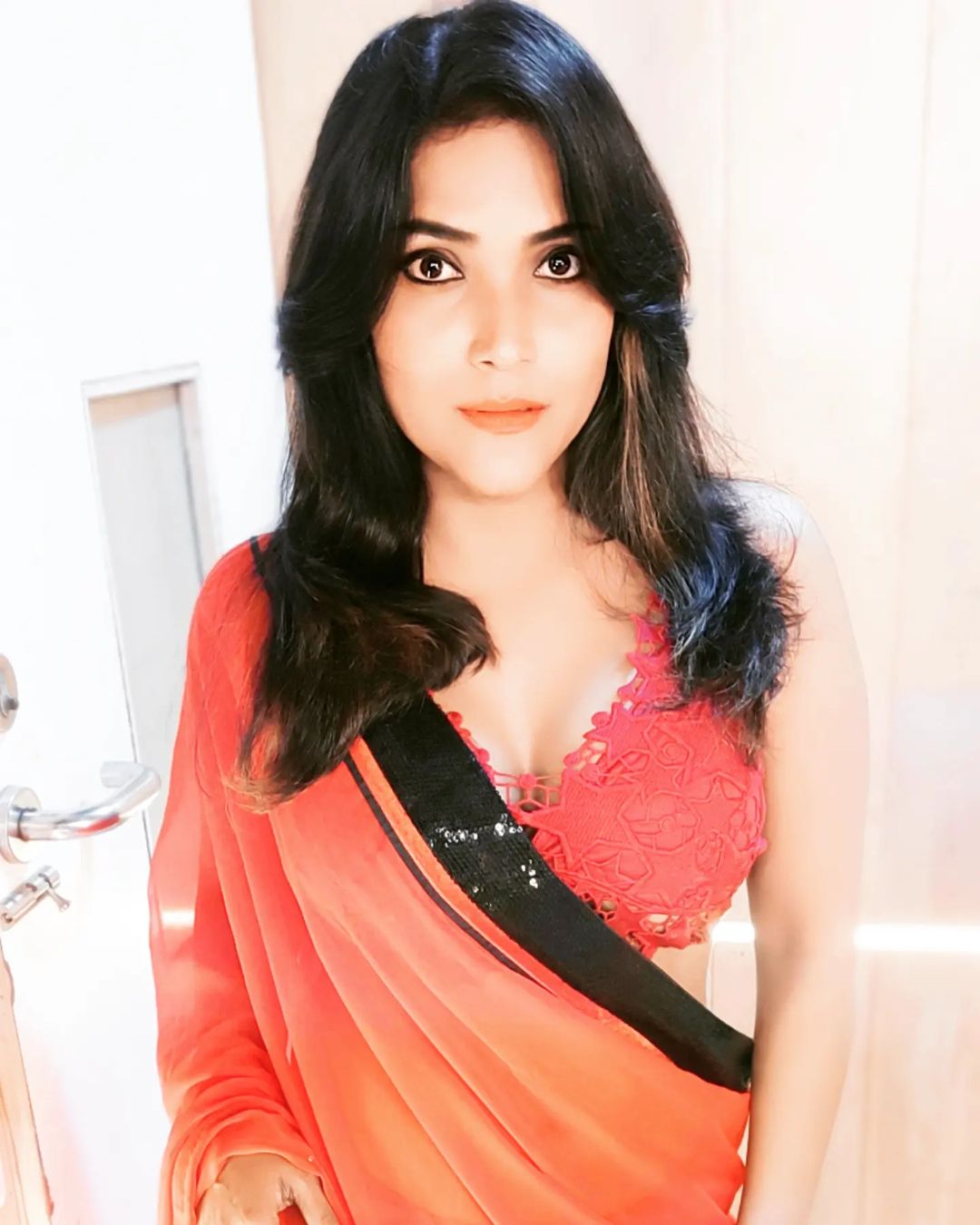  Mahi Kamla in red saree with her hair open